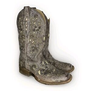Corral Vintage Jessica Western Cowgirl Boots Brown Inlay Leather Studs Size 7.5